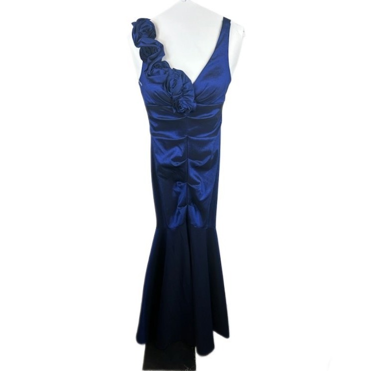 Xscape Chen Navy Blue Rosette Shoulder Mermaid Formal Ball Gown Dress Usa Size 6